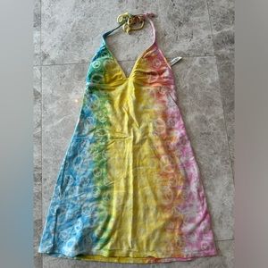 Tie dyed halter dress, light removable padded cups. Made in the USA.